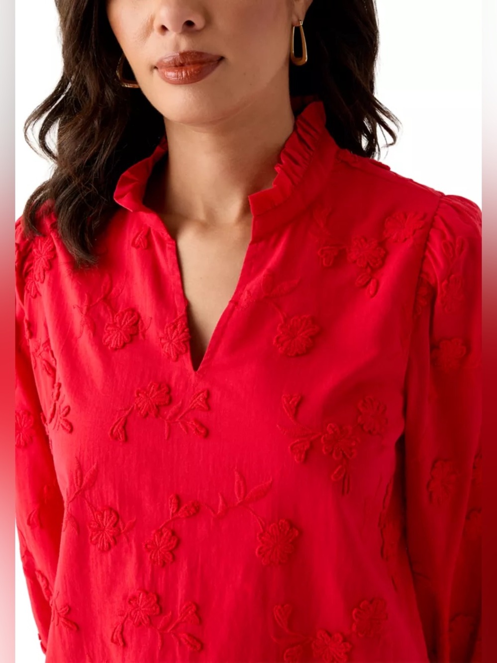 Crown & Ivy Red Embroidered Floral Blouse Medium Cotton Puff Sleeve Boho Top